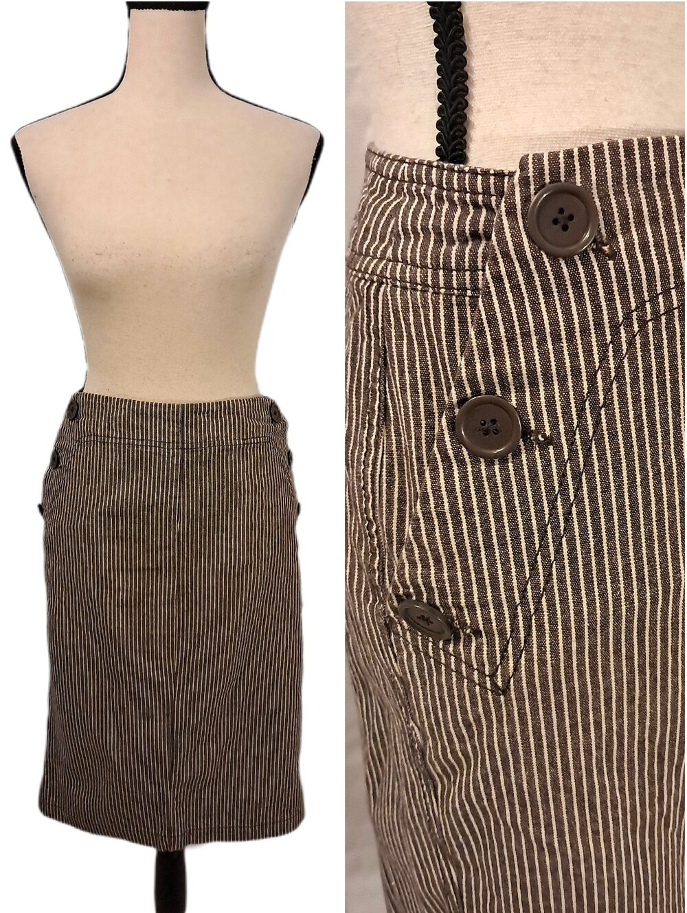 Dressbarn Brown Stripe Cotton Skirt Buttons Pockets Business Casual Preppy 12